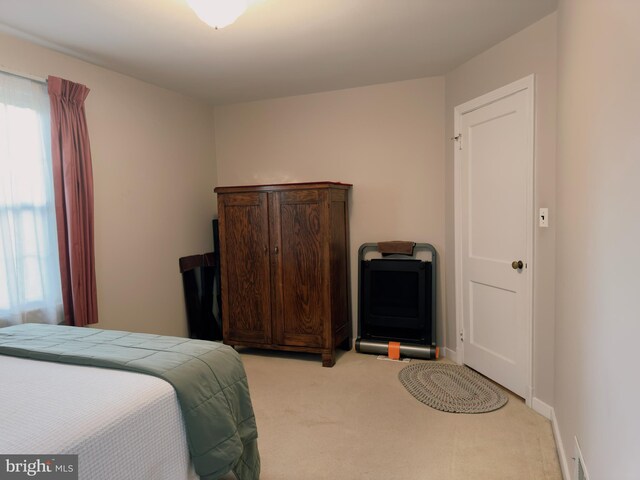 bedroom featuring light colored carpet