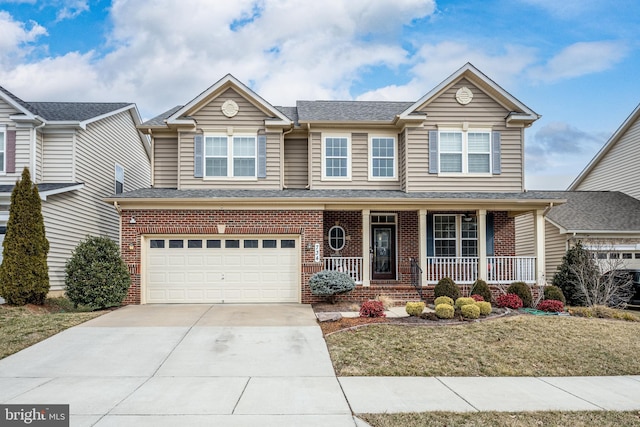 734 Holden Rd, Frederick, MD 21701 - view of front of house featuring covered porch, brick siding, driveway, a garage, and a front lawn
