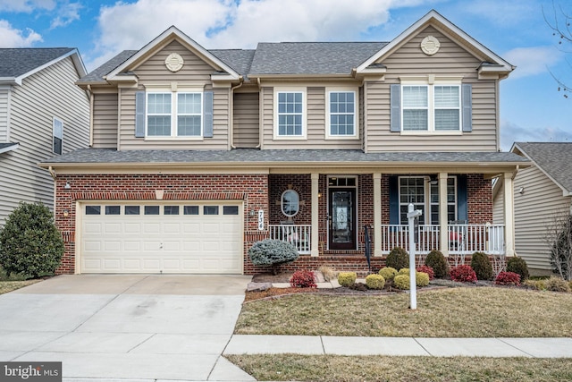 734 Holden Rd, Frederick, MD 21701 - view of front facade with covered porch, brick siding, driveway, a garage, and a front yard