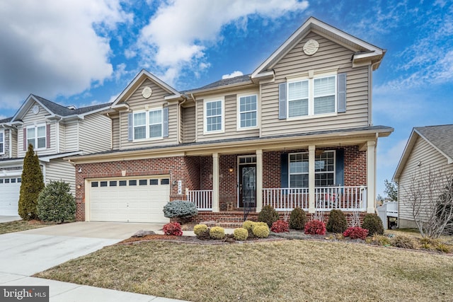 734 Holden Rd, Frederick, MD 21701 - view of front facade featuring covered porch, brick siding, driveway, and an attached garage