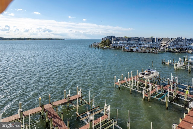 dock area featuring boat lift and a water view