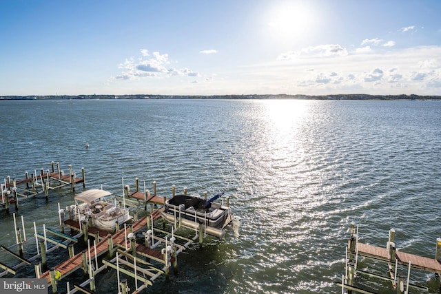 dock with boat lift and a water view