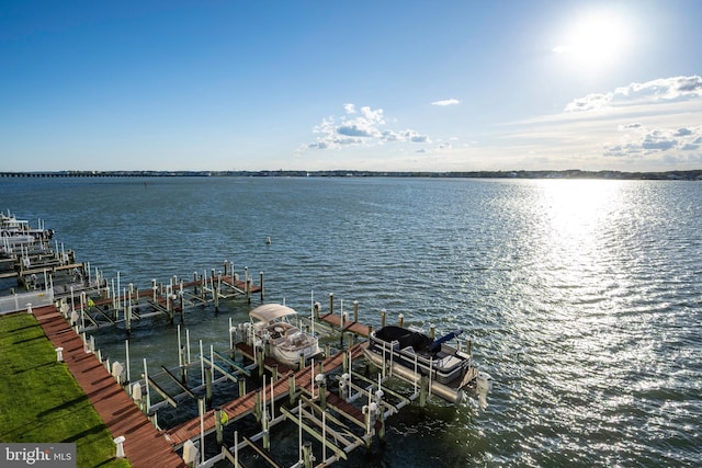 water view featuring boat lift and a dock