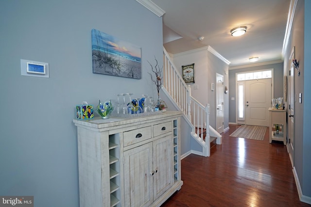 35427 Mercury Dr Unit 47B, Rehoboth Beach, DE 19971 - foyer entrance with stairs, dark wood-style floors, ornamental molding, and baseboards