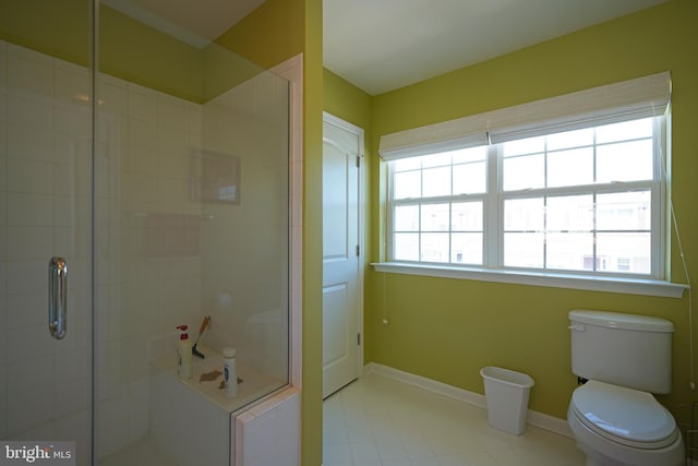 35427 Mercury Dr Unit 47B, Rehoboth Beach, DE 19971 - bathroom featuring plenty of natural light, a stall shower, toilet, and tile patterned flooring