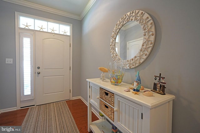 35427 Mercury Dr Unit 47B, Rehoboth Beach, DE 19971 - entryway featuring dark wood-type flooring, ornamental molding, and baseboards