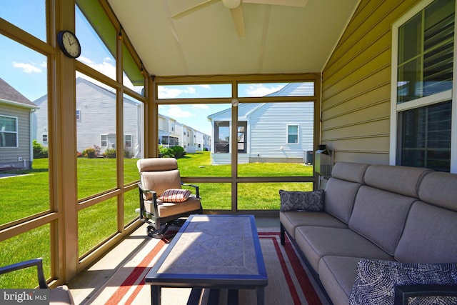 35427 Mercury Dr Unit 47B, Rehoboth Beach, DE 19971 - sunroom / solarium featuring a ceiling fan, an outdoor hangout area, vaulted ceiling, and a residential view