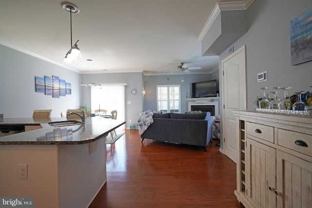 35427 Mercury Dr Unit 47B, Rehoboth Beach, DE 19971 - kitchen with a sink, ornamental molding, a breakfast bar, dark wood-type flooring, and ceiling fan