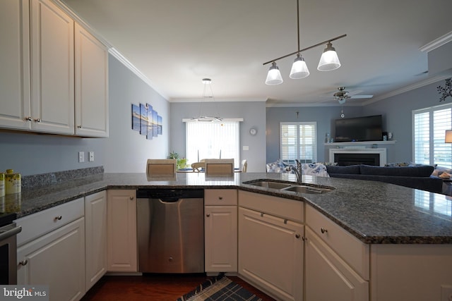 35427 Mercury Dr Unit 47B, Rehoboth Beach, DE 19971 - kitchen with stainless steel dishwasher, a sink, ceiling fan, ornamental molding, and a fireplace