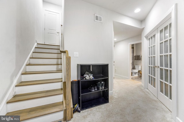 2660 Richmond Way, Hanover, MD 21076 - stairway featuring carpet flooring, french doors, and baseboards
