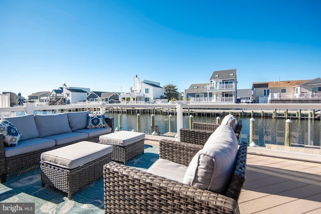 28 Diane Rd, Manahawkin, NJ 08050 - deck featuring an outdoor hangout area, a residential view, a water view, and a boat dock