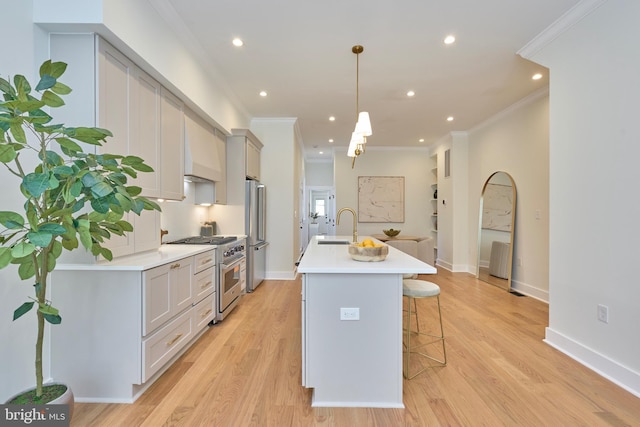 309 M St NW Unit B, Washington, DC 20001 - kitchen featuring stainless steel appliances, a breakfast bar, a sink, ornamental molding, and light countertops