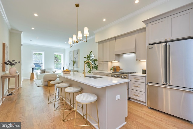 309 M St NW Unit B, Washington, DC 20001 - kitchen featuring appliances with stainless steel finishes, a sink, custom range hood, open floor plan, and light wood-style floors