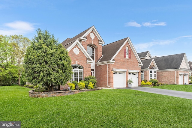 traditional-style house featuring brick siding, concrete driveway, and a front yard