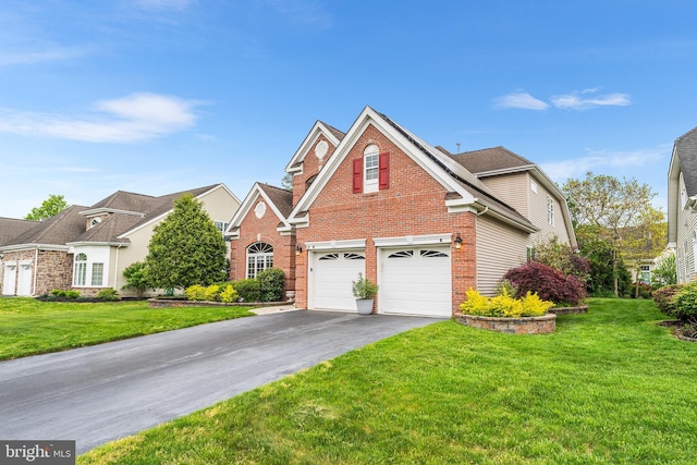 traditional home with driveway, brick siding, a garage, and a front yard