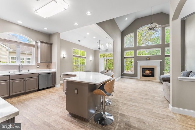 kitchen featuring stainless steel dishwasher, healthy amount of natural light, light wood finished floors, a glass covered fireplace, and recessed lighting