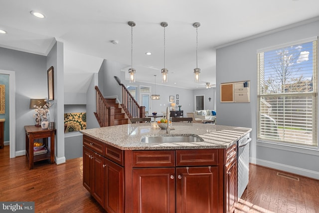 23325 April Mist Pl, Brambleton, VA 20148 - kitchen with a sink, plenty of natural light, dark wood-style flooring, hanging light fixtures, and recessed lighting