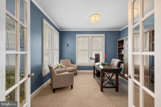 23325 April Mist Pl, Brambleton, VA 20148 - carpeted home office featuring french doors, ornamental molding, baseboards, and a chandelier