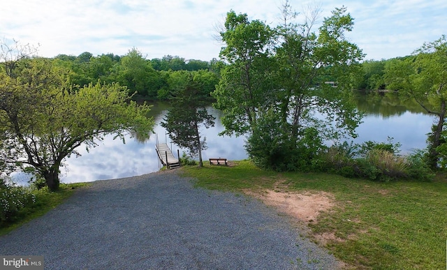 water view featuring a boat dock and a forest