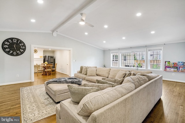 living room featuring ornamental molding, wood finished floors, a ceiling fan, baseboards, and recessed lighting