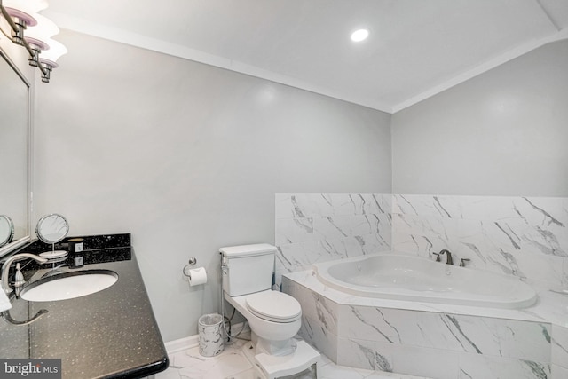 full bathroom featuring a bath, toilet, marble finish floors, vanity, and recessed lighting