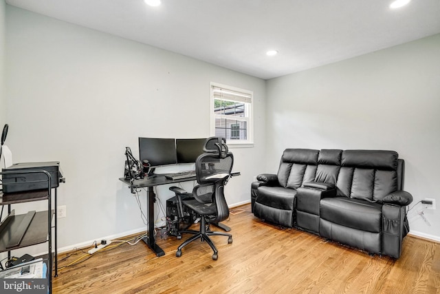 office area with wood finished floors, recessed lighting, and baseboards