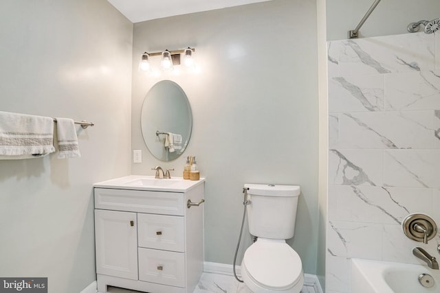 bathroom with marble finish flooring, vanity,  shower combination, toilet, and baseboards