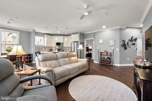 9480 Virginia Center Blvd Unit 239, Vienna, VA 22181 - living room featuring ornamental molding, baseboards, ceiling fan, dark wood-type flooring, and recessed lighting