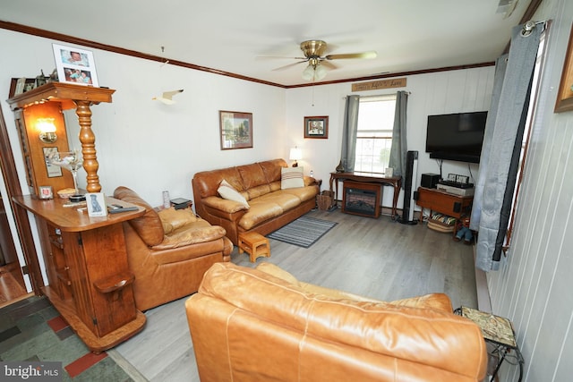 117 Mimosa Dr, Cambridge, MD 21613 - living room with a ceiling fan, ornamental molding, and wood finished floors