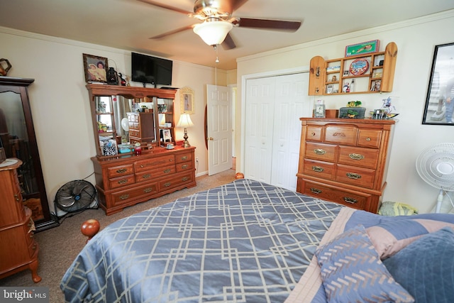 117 Mimosa Dr, Cambridge, MD 21613 - bedroom with carpet floors, ornamental molding, a closet, and ceiling fan