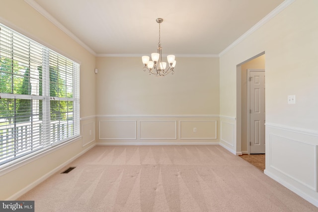 2024 Baythorne Rd, Prince Frederick, MD 20678 - unfurnished room with healthy amount of natural light, a chandelier, ornamental molding, light carpet, and wainscoting