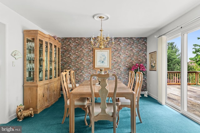 3135 Windon Ave, Lancaster, PA 17603 - dining space featuring a chandelier, carpet, wallpapered walls, and baseboards