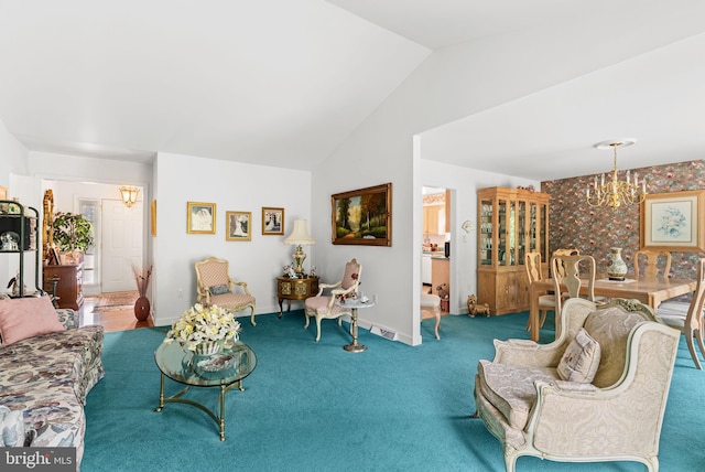 3135 Windon Ave, Lancaster, PA 17603 - living room with a chandelier, lofted ceiling, baseboards, and carpet floors