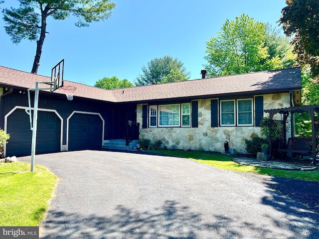 8117 Glendale Dr, Frederick, MD 21702 - ranch-style home with stone siding, an attached garage, driveway, and a shingled roof