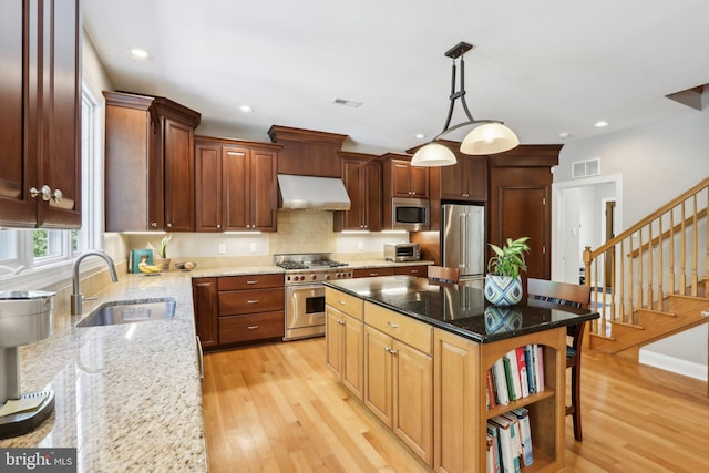 1311 Meadowbrook Ct, Jenkintown, PA 19046 - kitchen with high quality appliances, range hood, a sink, open shelves, and light wood-style floors