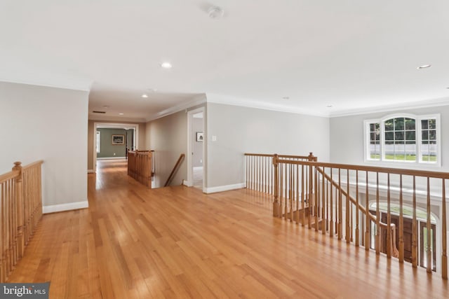 1311 Meadowbrook Ct, Jenkintown, PA 19046 - corridor featuring an upstairs landing, ornamental molding, light wood finished floors, recessed lighting, and baseboards