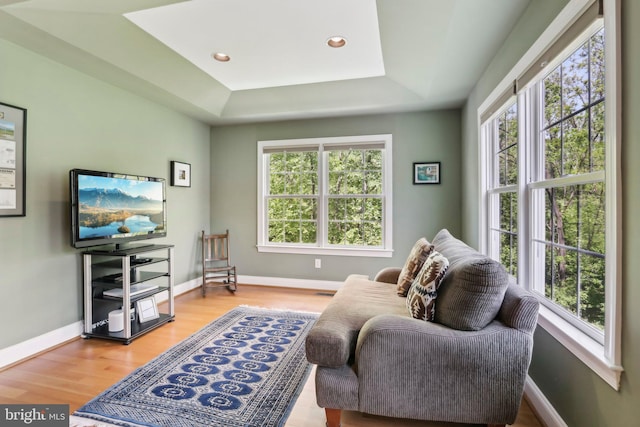 1311 Meadowbrook Ct, Jenkintown, PA 19046 - living area with wood finished floors, a tray ceiling, baseboards, and recessed lighting