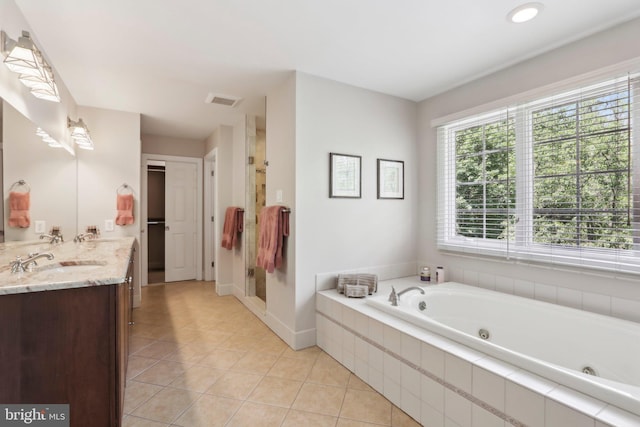 1311 Meadowbrook Ct, Jenkintown, PA 19046 - bathroom with double vanity, a jetted tub, tile patterned flooring, and a stall shower