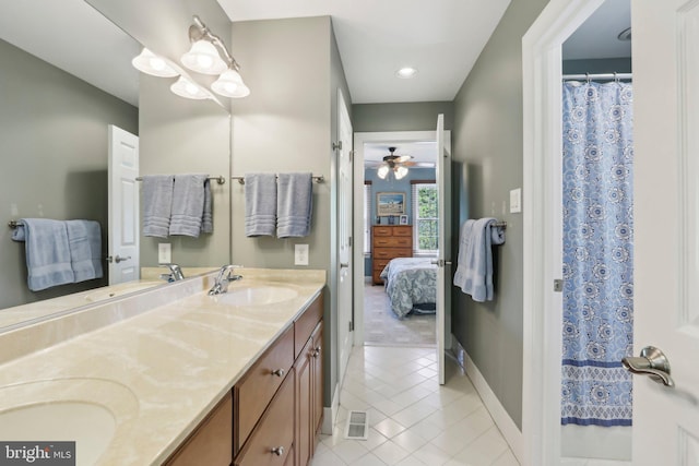 1311 Meadowbrook Ct, Jenkintown, PA 19046 - full bath featuring ensuite bath, tile patterned flooring, double vanity, baseboards, and ceiling fan