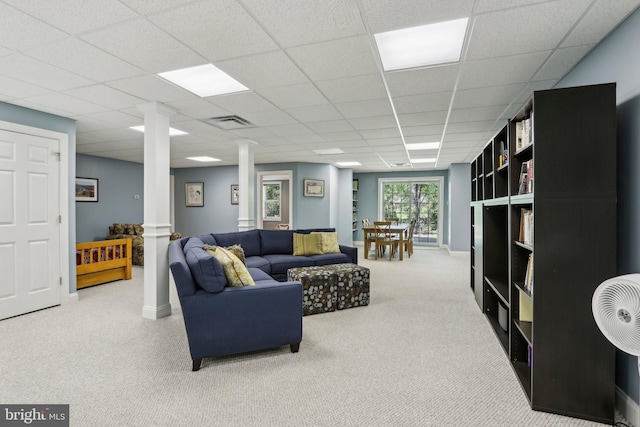1311 Meadowbrook Ct, Jenkintown, PA 19046 - carpeted living area featuring ornate columns, a paneled ceiling, and baseboards