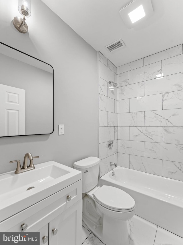 full bath with marble finish floors, toilet, vanity, and shower / washtub combination