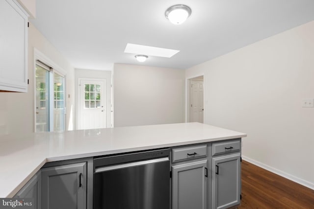 910 Ficklen Rd, Fredericksburg, VA 22405 - kitchen featuring stainless steel dishwasher, a peninsula, a skylight, gray cabinets, and dark wood-style floors