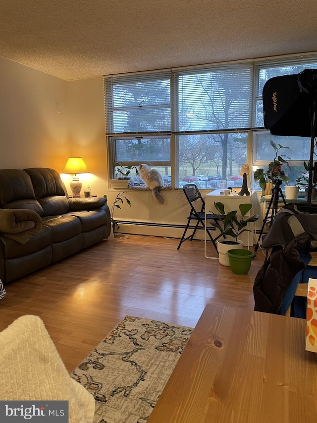 1030 E Lancaster Ave Unit 227, Bryn Mawr, PA 19010 - living area with a textured ceiling, a baseboard radiator, and wood finished floors