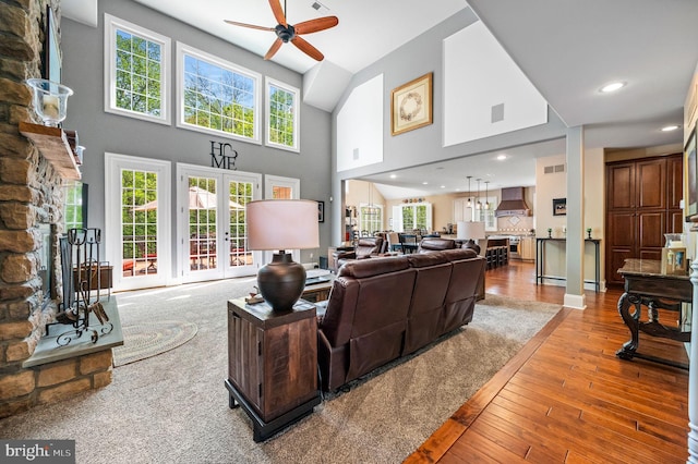 211 Dutton Mill Rd, West Chester, PA 19380 - living room with a ceiling fan, hardwood / wood-style flooring, recessed lighting, a high ceiling, and french doors
