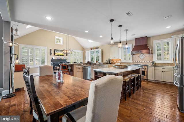 211 Dutton Mill Rd, West Chester, PA 19380 - dining area with a chandelier, dark wood finished floors, recessed lighting, and vaulted ceiling