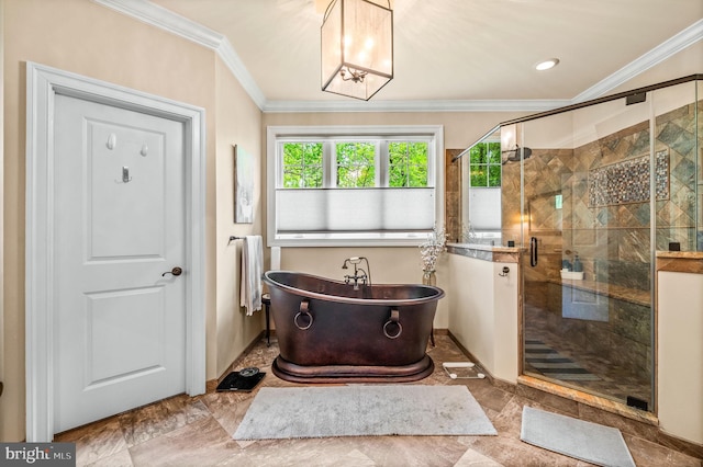 211 Dutton Mill Rd, West Chester, PA 19380 - bathroom featuring a soaking tub, crown molding, a shower stall, and baseboards