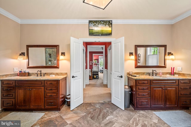 211 Dutton Mill Rd, West Chester, PA 19380 - ensuite bathroom featuring ornamental molding, two vanities, and marble finish flooring