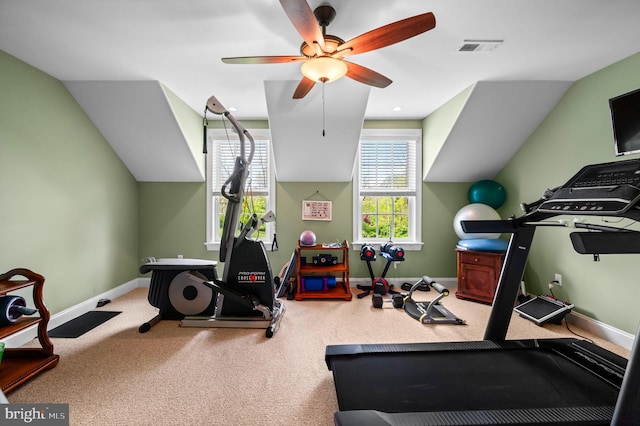 211 Dutton Mill Rd, West Chester, PA 19380 - workout room featuring ceiling fan, baseboards, carpet flooring, and lofted ceiling