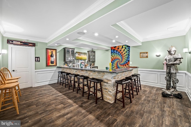 211 Dutton Mill Rd, West Chester, PA 19380 - community bar area with ornamental molding, a decorative wall, dark wood finished floors, wainscoting, and recessed lighting