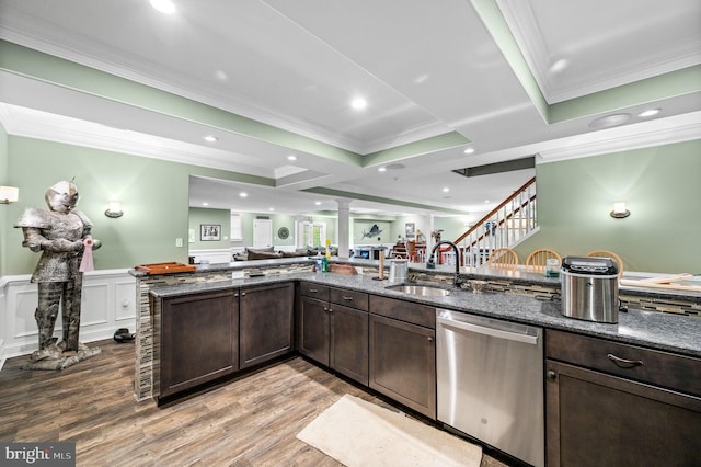 211 Dutton Mill Rd, West Chester, PA 19380 - kitchen featuring stainless steel dishwasher, ornamental molding, dark brown cabinetry, a sink, and dark stone countertops